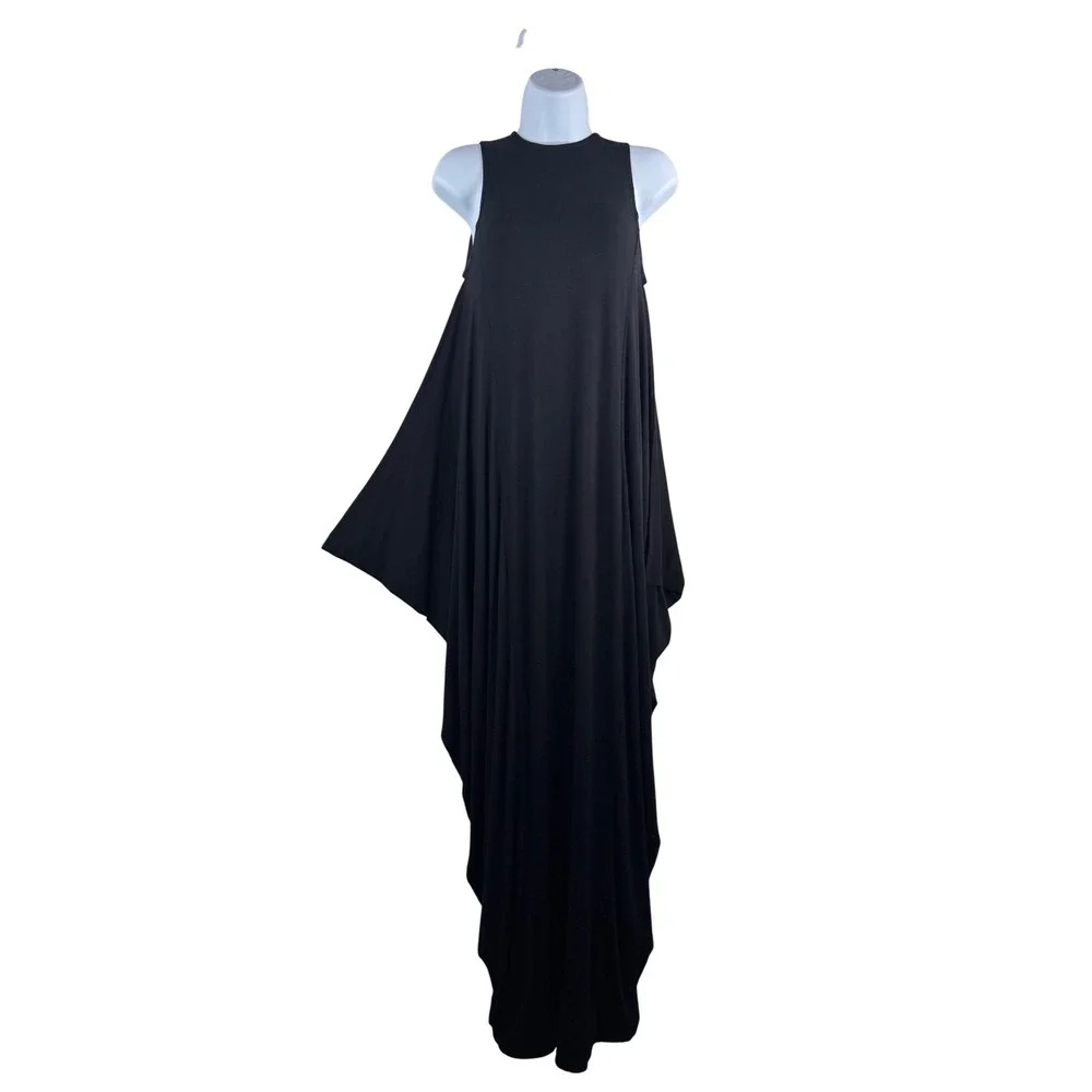 Locker Room Maxi Dress sz‎ S Black Asymmetrical Draped Sleeveless lagen look